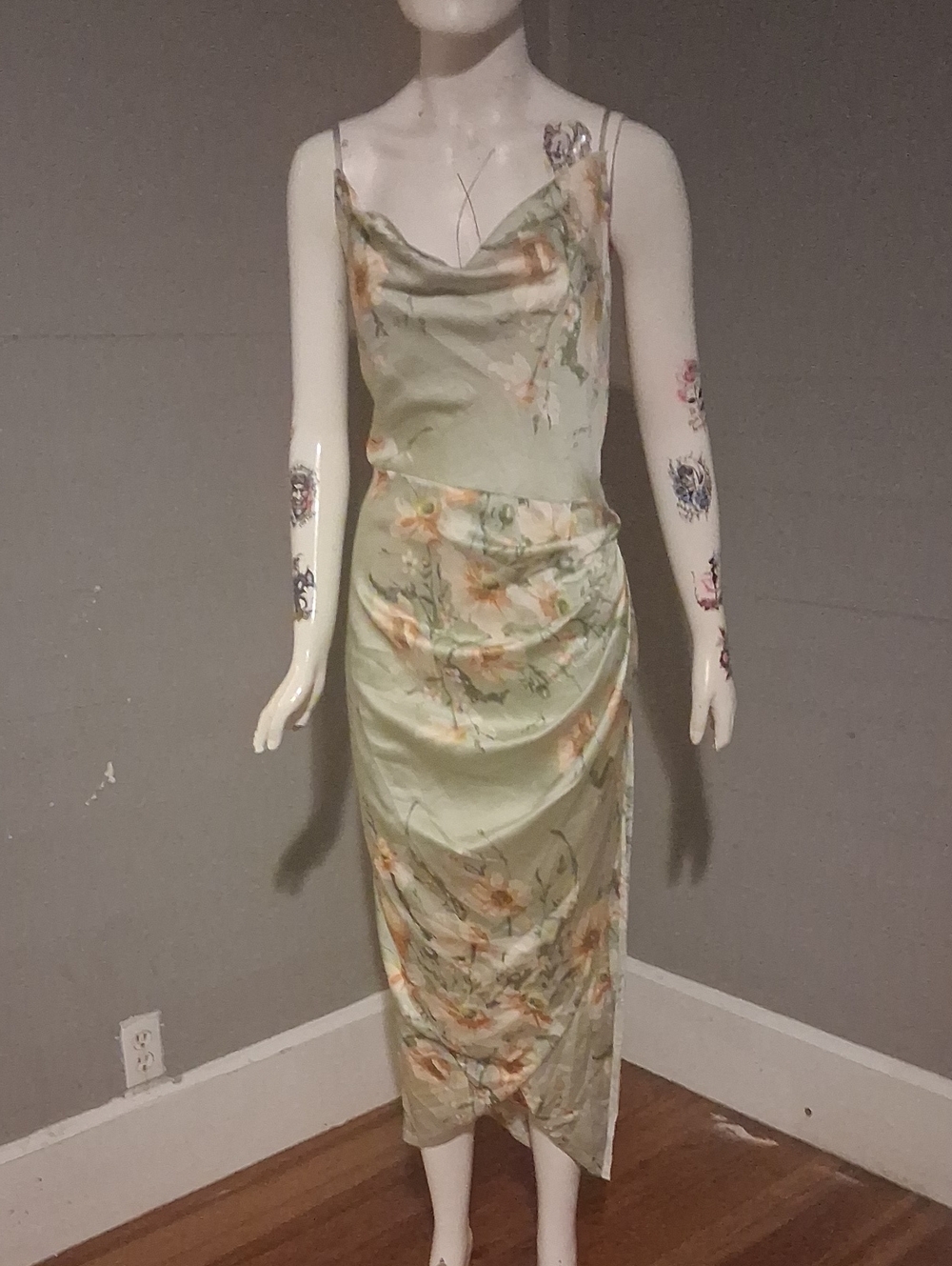 Janette Plus Light Green Floral Cowl Neck Slip Dress